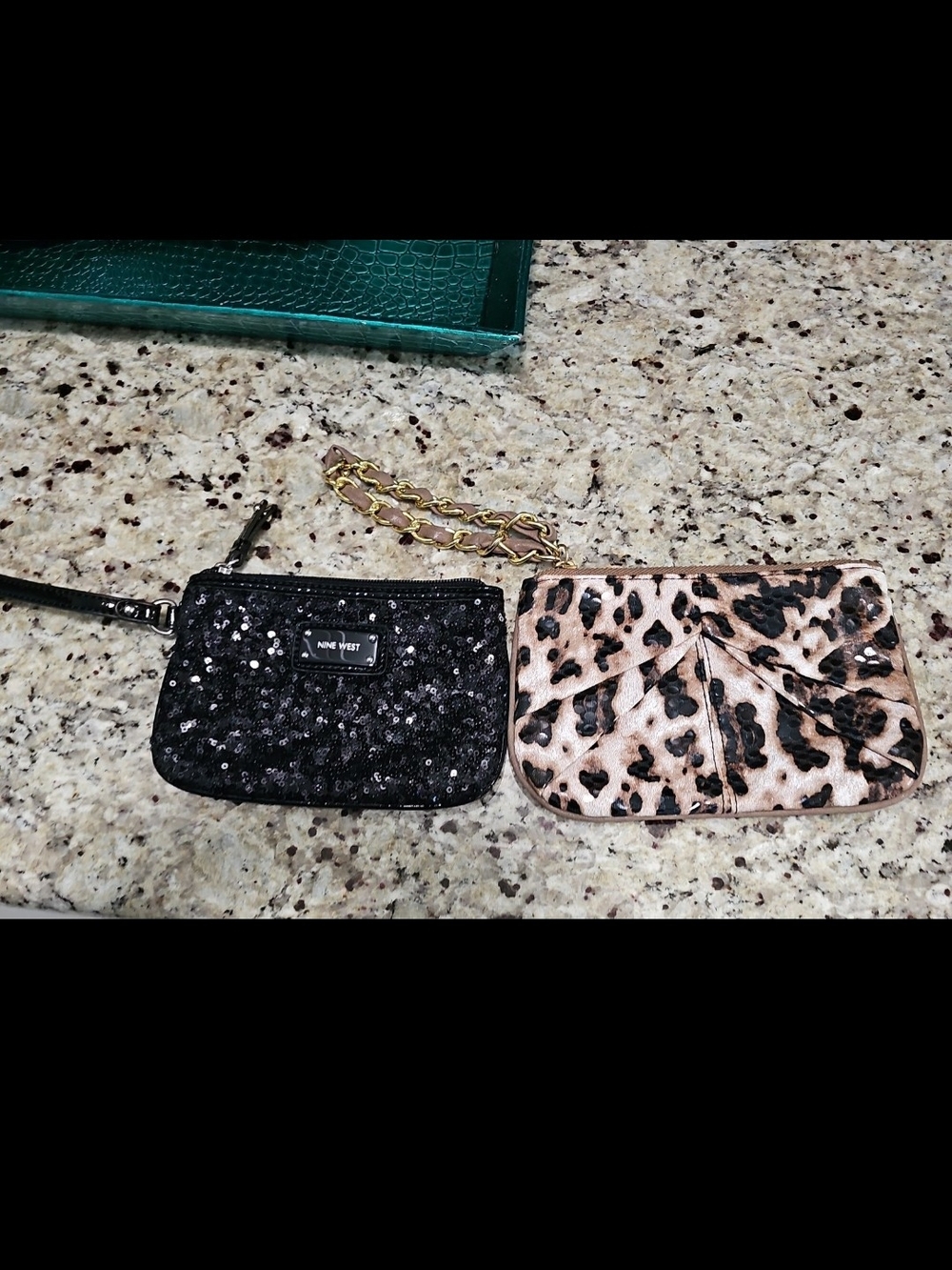 Set Of 2 Brand New Nine West Black Sequin Wristlet And Leopard Wristlet